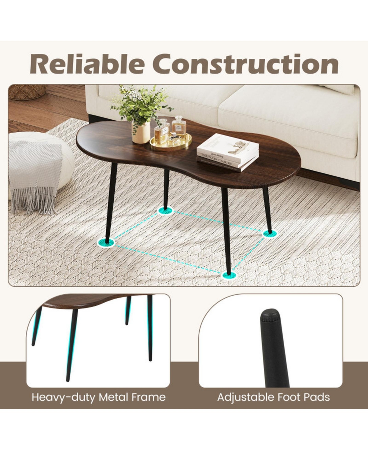 Sugift Cloud-Shaped 39.5-Inch Coffee Table with Curved Edges and Metal Frame