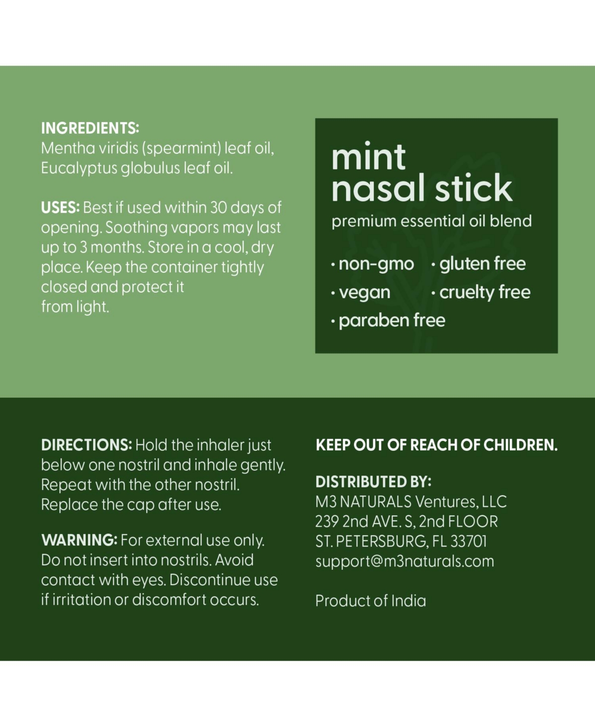 M3 Naturals Mint and Eucalyptus Nasal Inhaler Stick 4-Pack, Essential Oil Aromatherapy Vapor Stick, Portable Non-Medicated