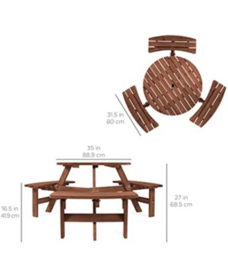 6-Person Round Natural Wood Outdoor Picnic Table with Attached Benches and Umbrella Hole for Patio Garden, Umbrella Not Included