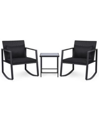 3-Piece Outdoor Rocking Bistro Set with Cushions and Tempered Glass Table