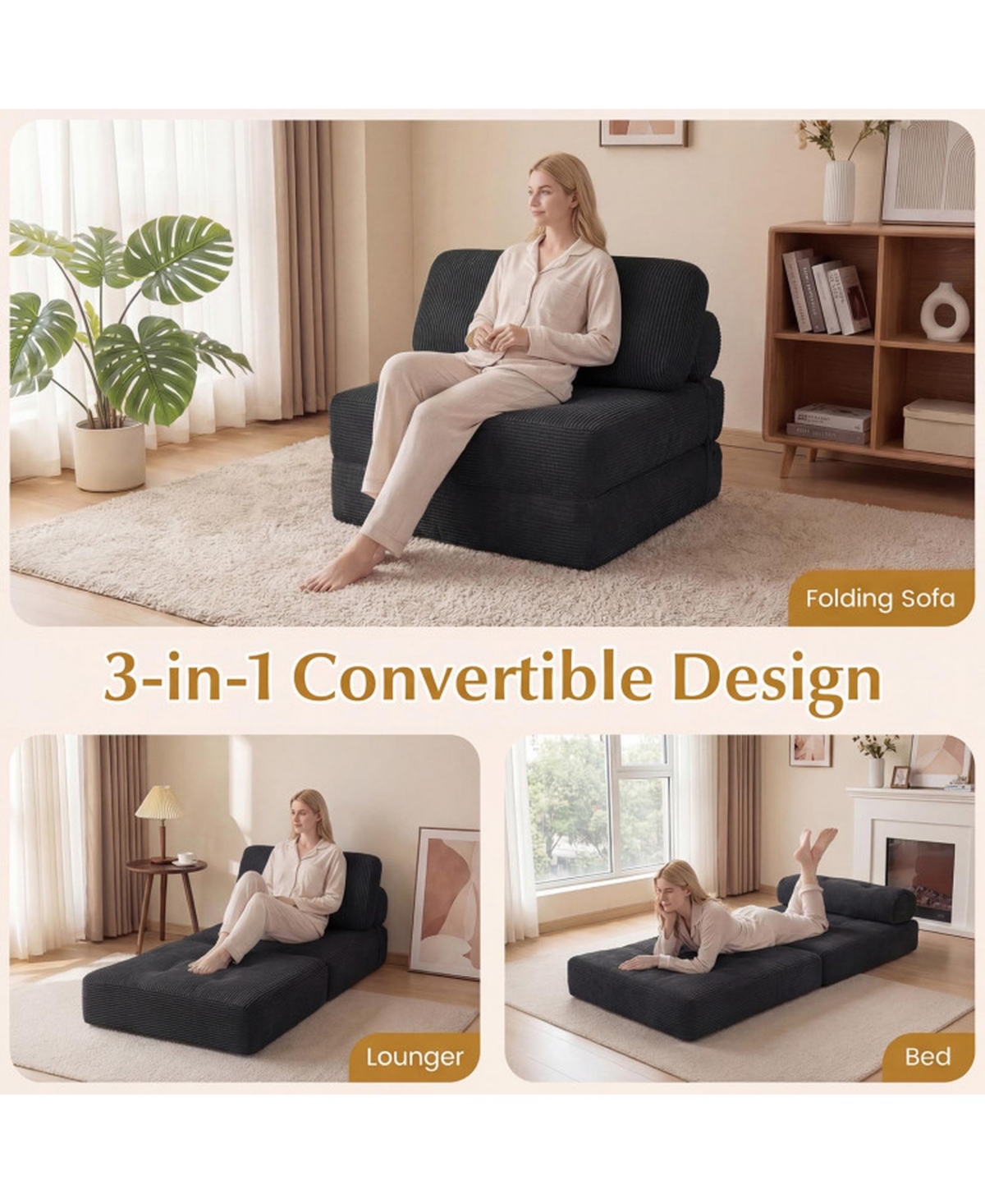 Sugift 3-in-1 Convertible Folding Sofa Bed with Button-Tufted Cover and Headrest Pillow