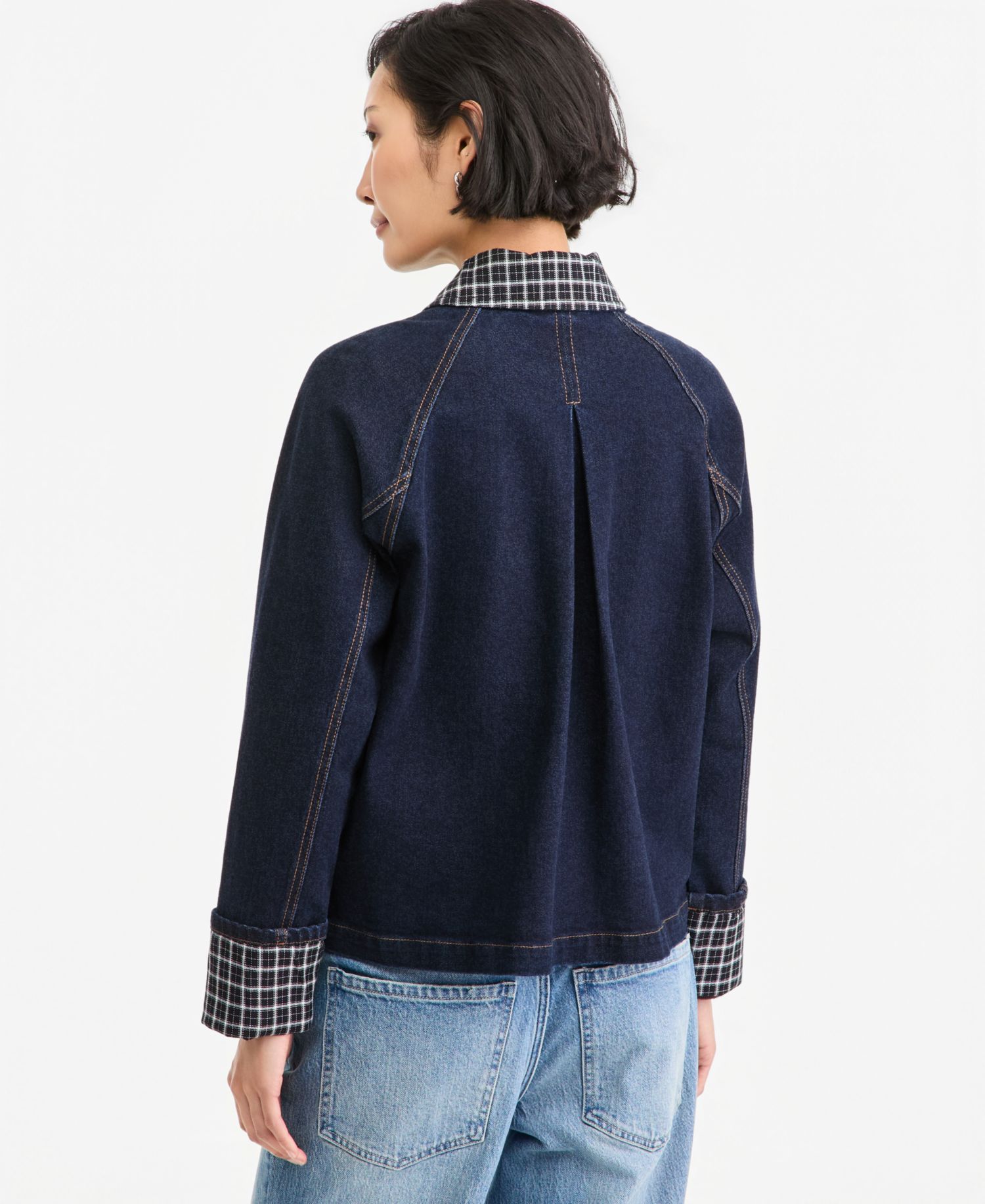 Women's Denim Plaid Cuff Jacket