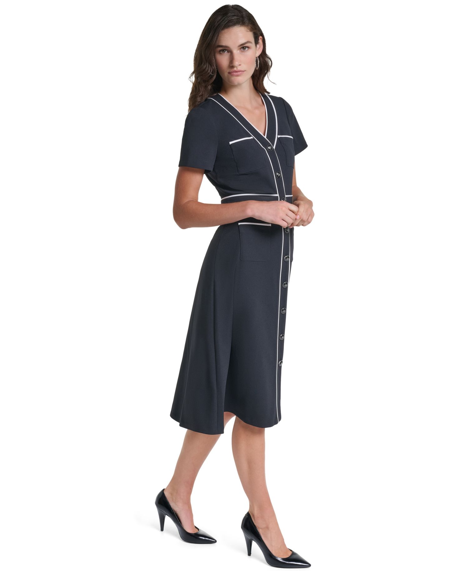 Women's Scuba A-Line V-Neck Midi Dress