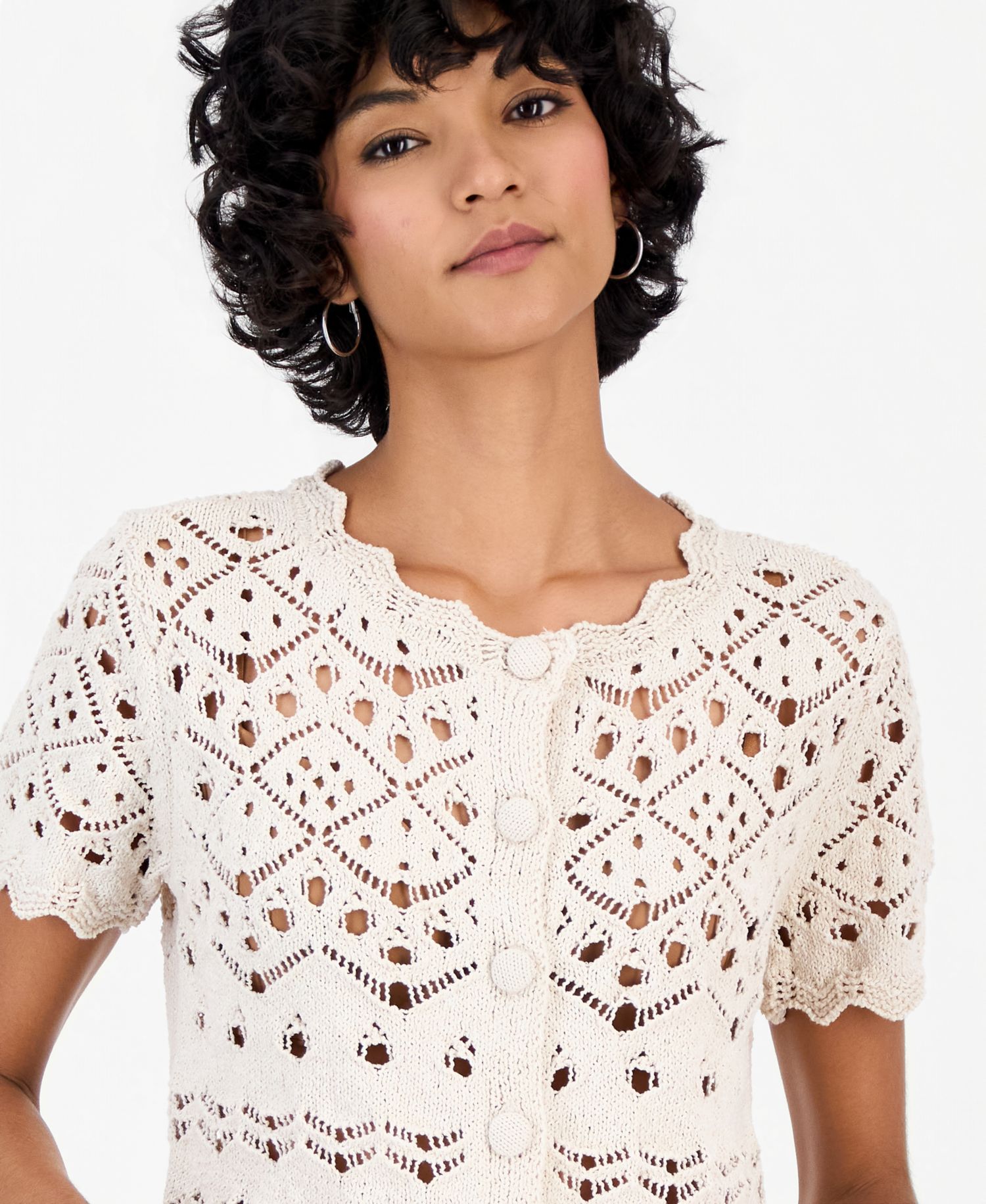 Petite Pointelle Short-Sleeve Scalloped-Trim Cardigan