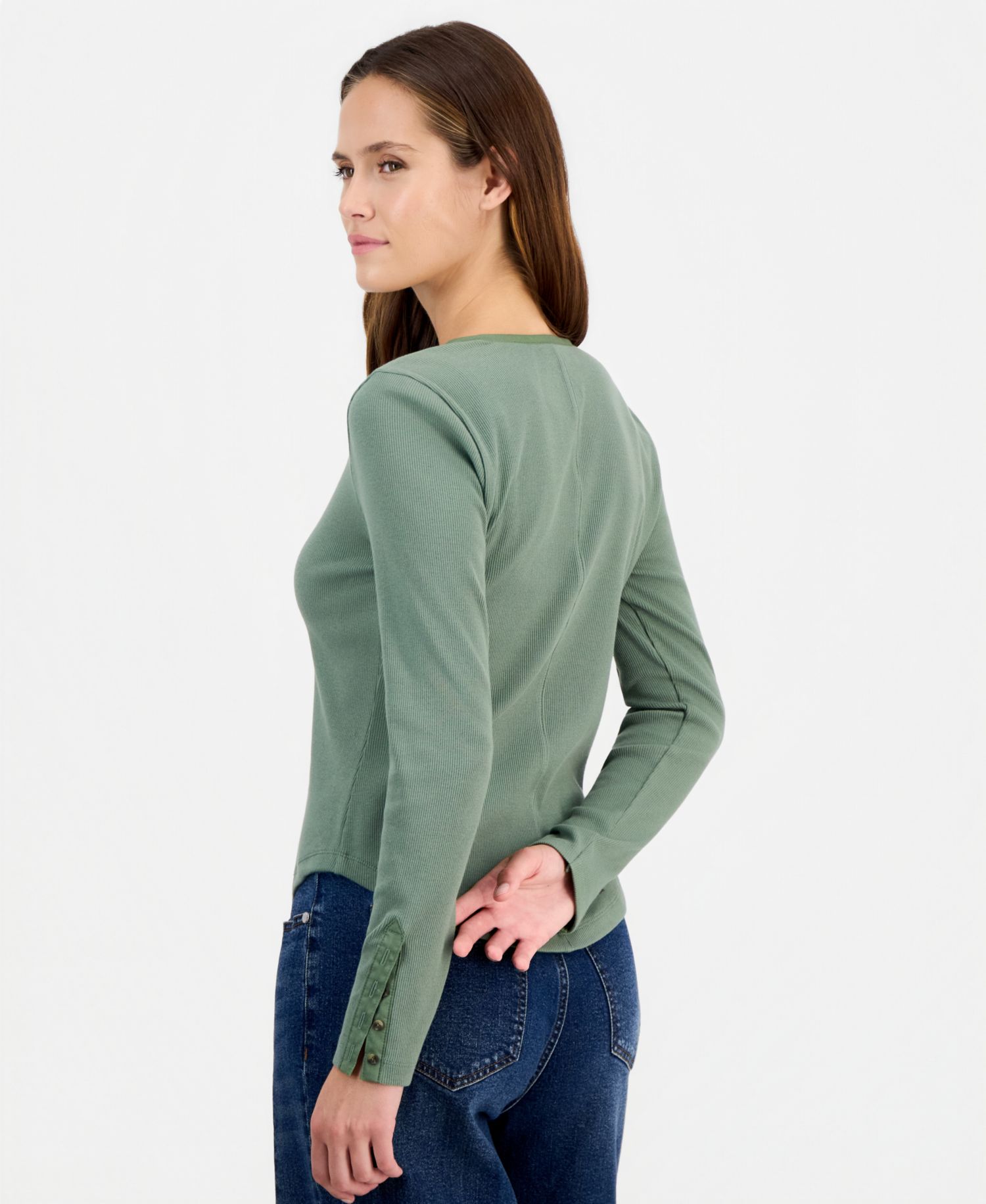 Women's Long Sleeve Ribbed Henley Top