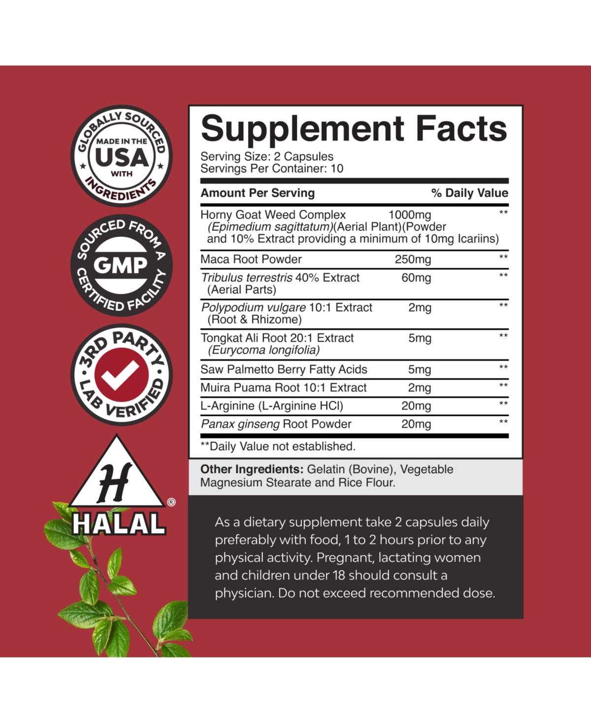 Horny Goat Weed Capsules | Tongkat Ali Saw Palmetto Extract | Panax Ginseng and Black Maca Root for Stamina & Energy | 20ct