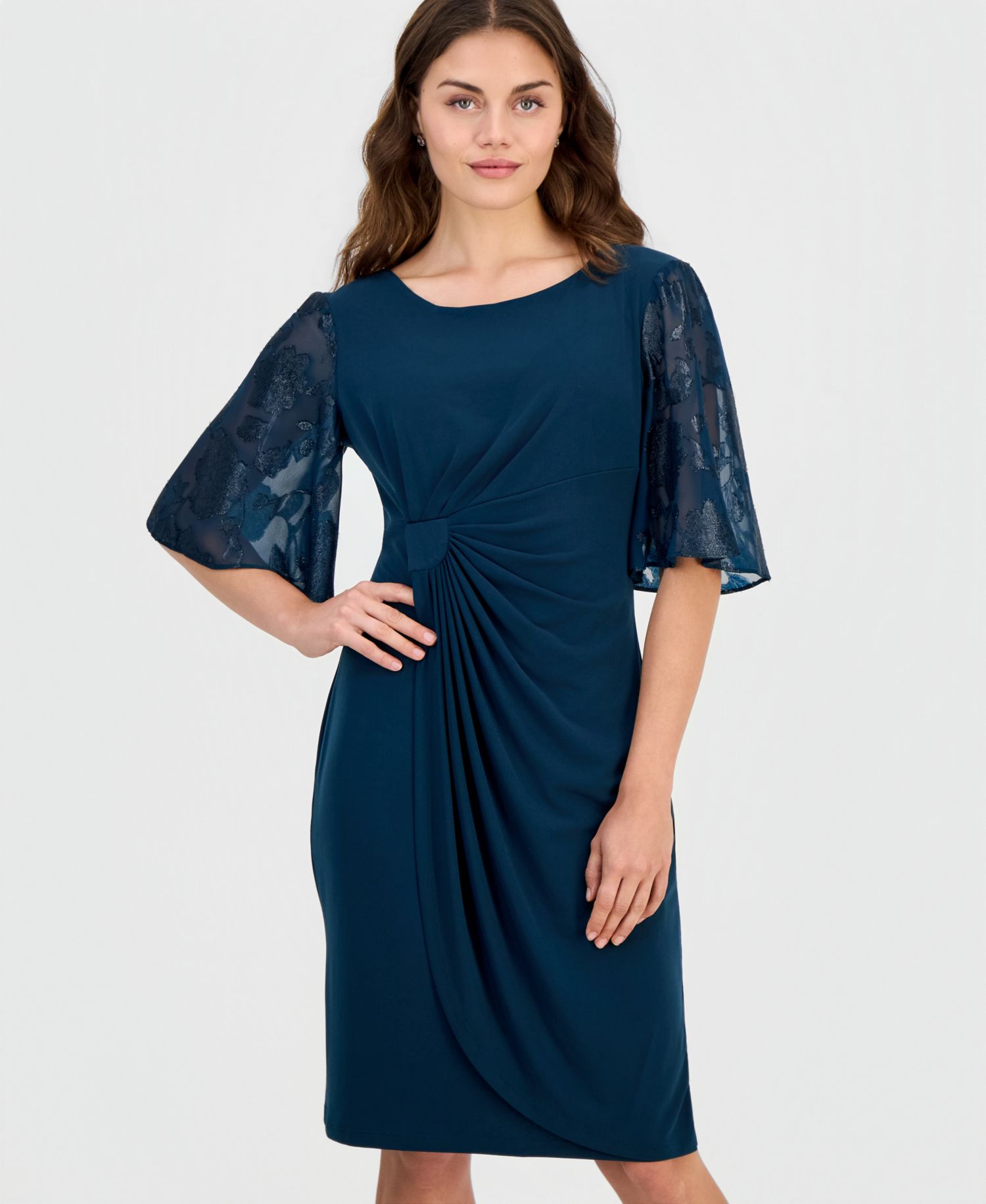 Petite Cocktail Clip-Chiffon Short-Sleeve Dress