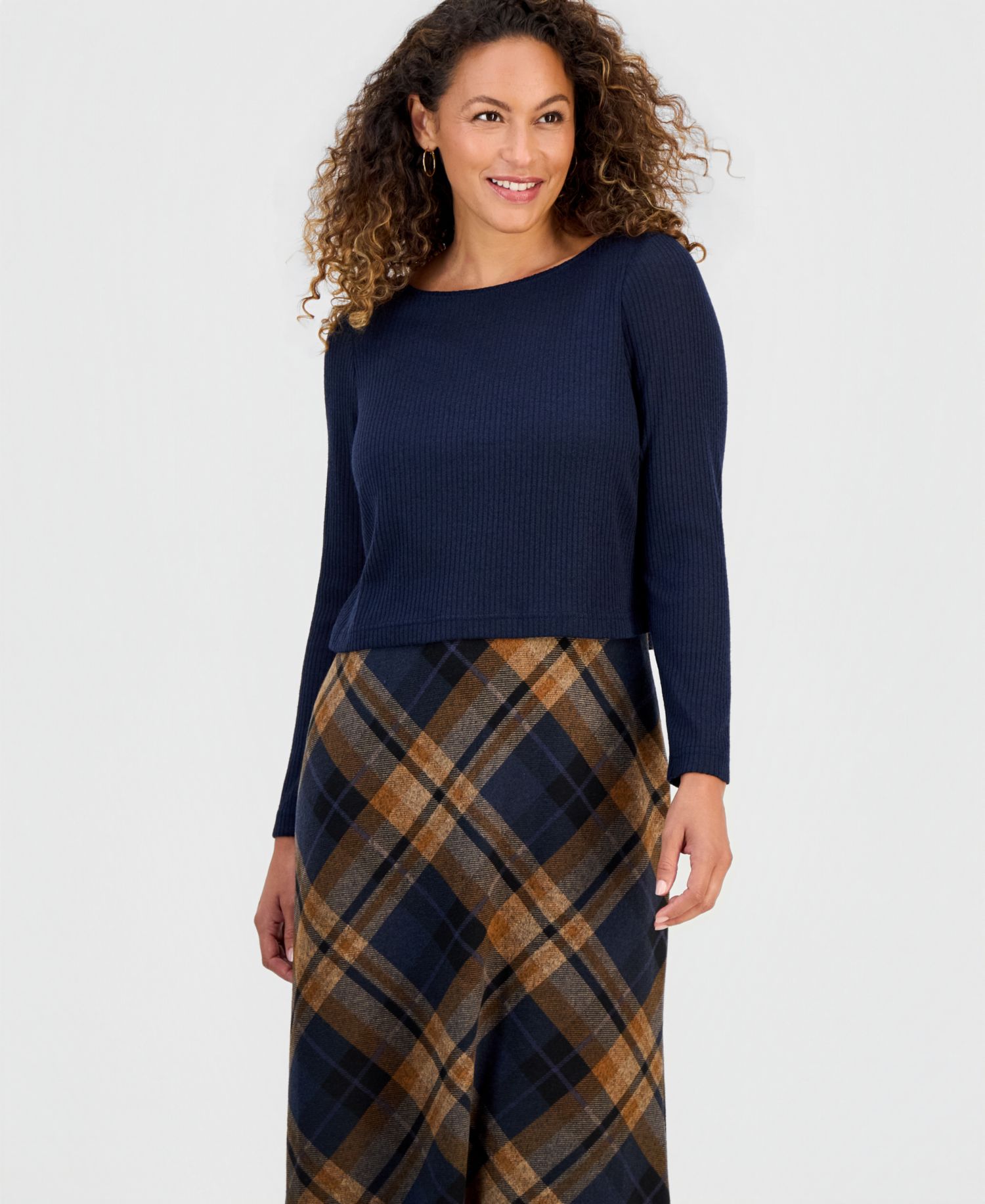 Petite Plaid Skirt Twofer Long-Sleeve Midi Dress