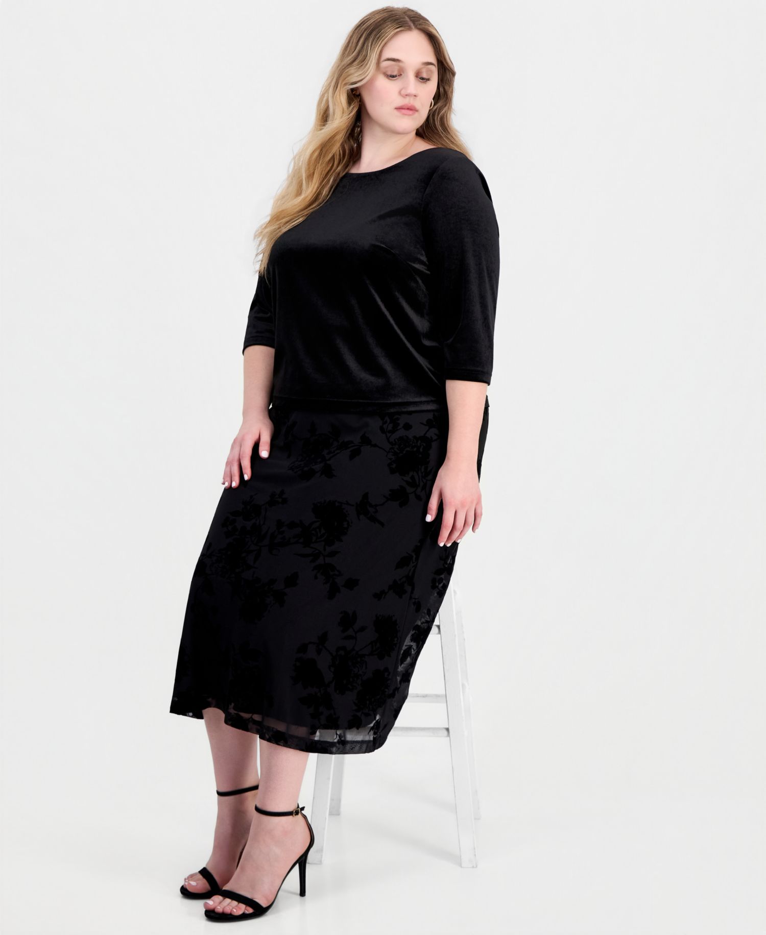Plus Size A-Line Midi Knit Top and Velvet Skirt, 2-Piece Set
