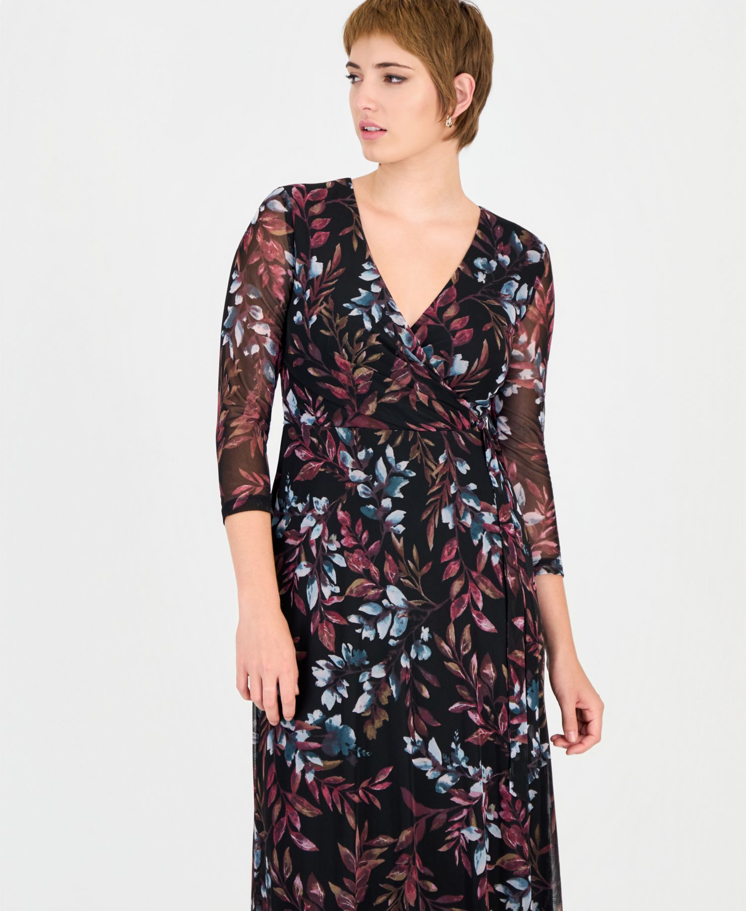 Women's Floral Mesh-Overlay Midi Wrap Dress