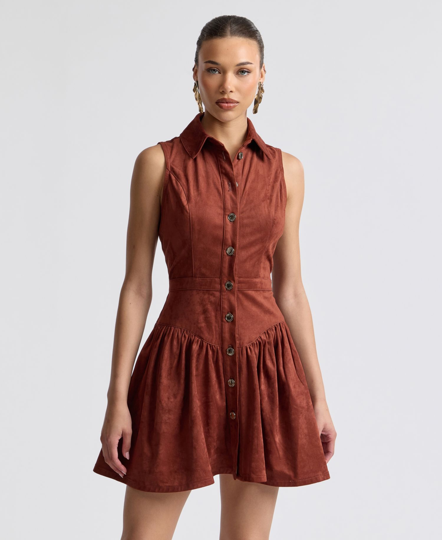 Women's Sleeveless Collared Faux Suede Mini Dress