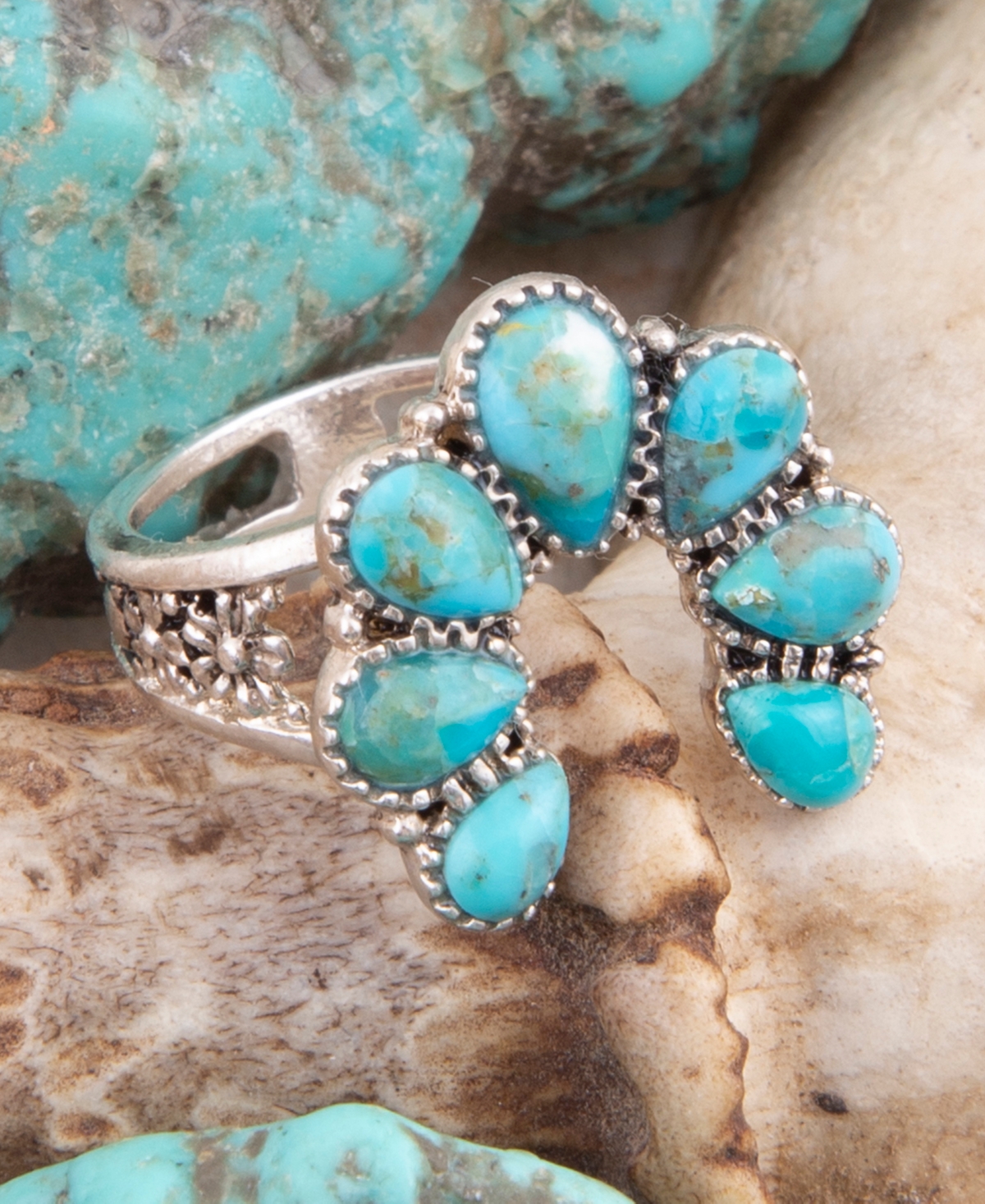 Barse Floral Blue Turquoise and Silver Ring