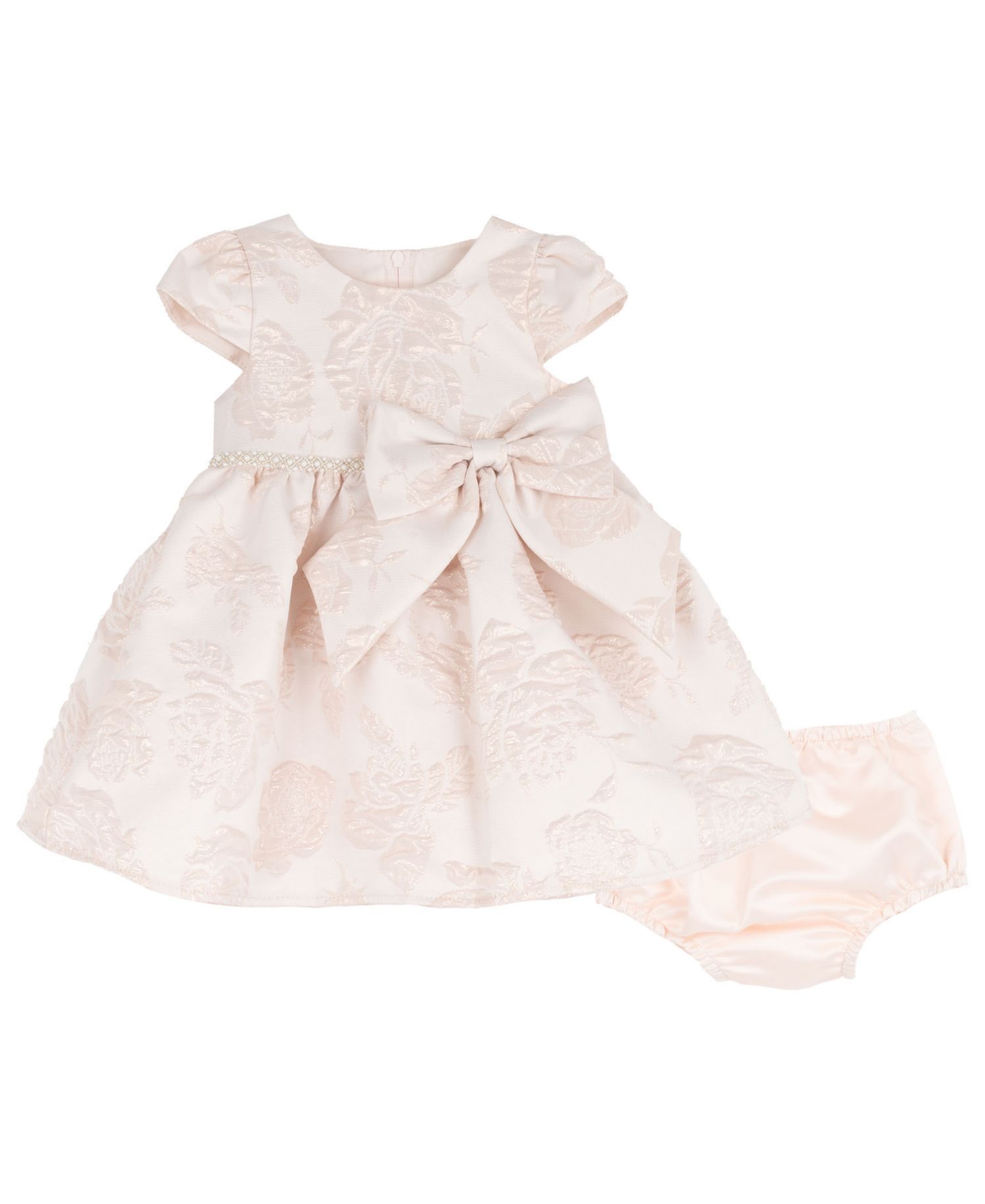 Baby Girls' Brocade Cap Sleeve Bodice with Beaded Imitation Pearl Trim Dress and Bloomer, 2-Piece Set