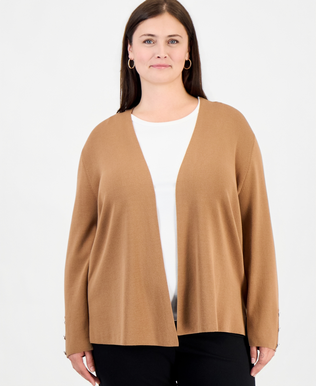 Anne Klein Essentials Plus Size Collarless Open-Front Long-Sleeve Cardigan - Vicuna