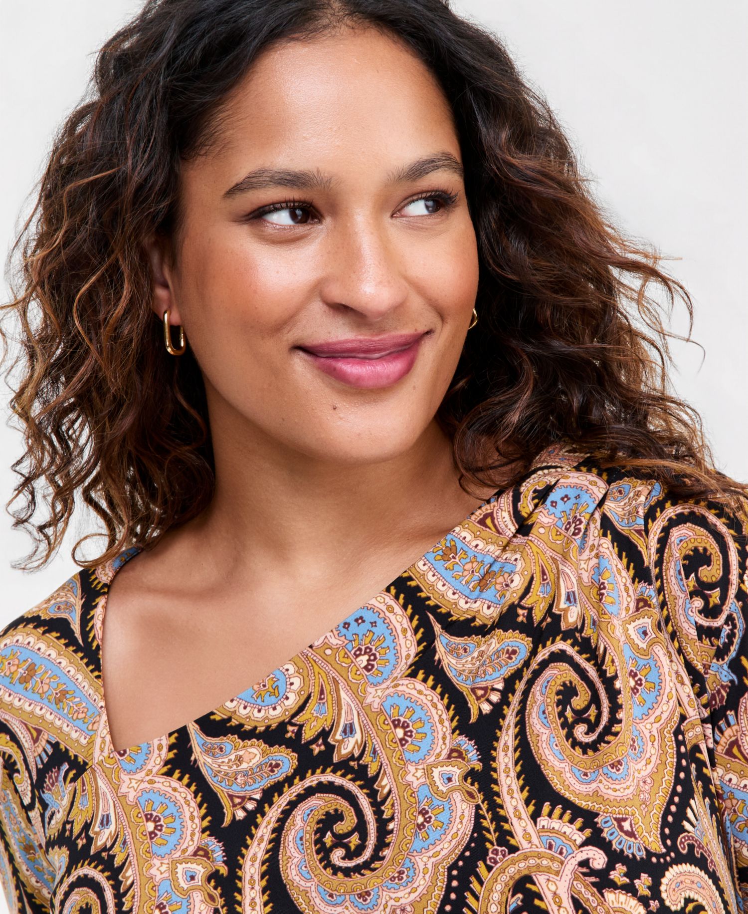 Plus Size Ruched Asymmetrical-Neckline Long-Sleeve Blouse