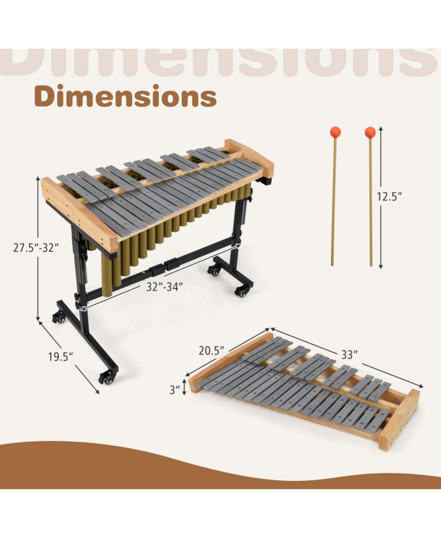 Детская игрушка HONGGE 32-Note Aluminum Marimba with Height-Adjustable Lockable Rolling Stand, цвет: Золотой / Коричневый — фото 3