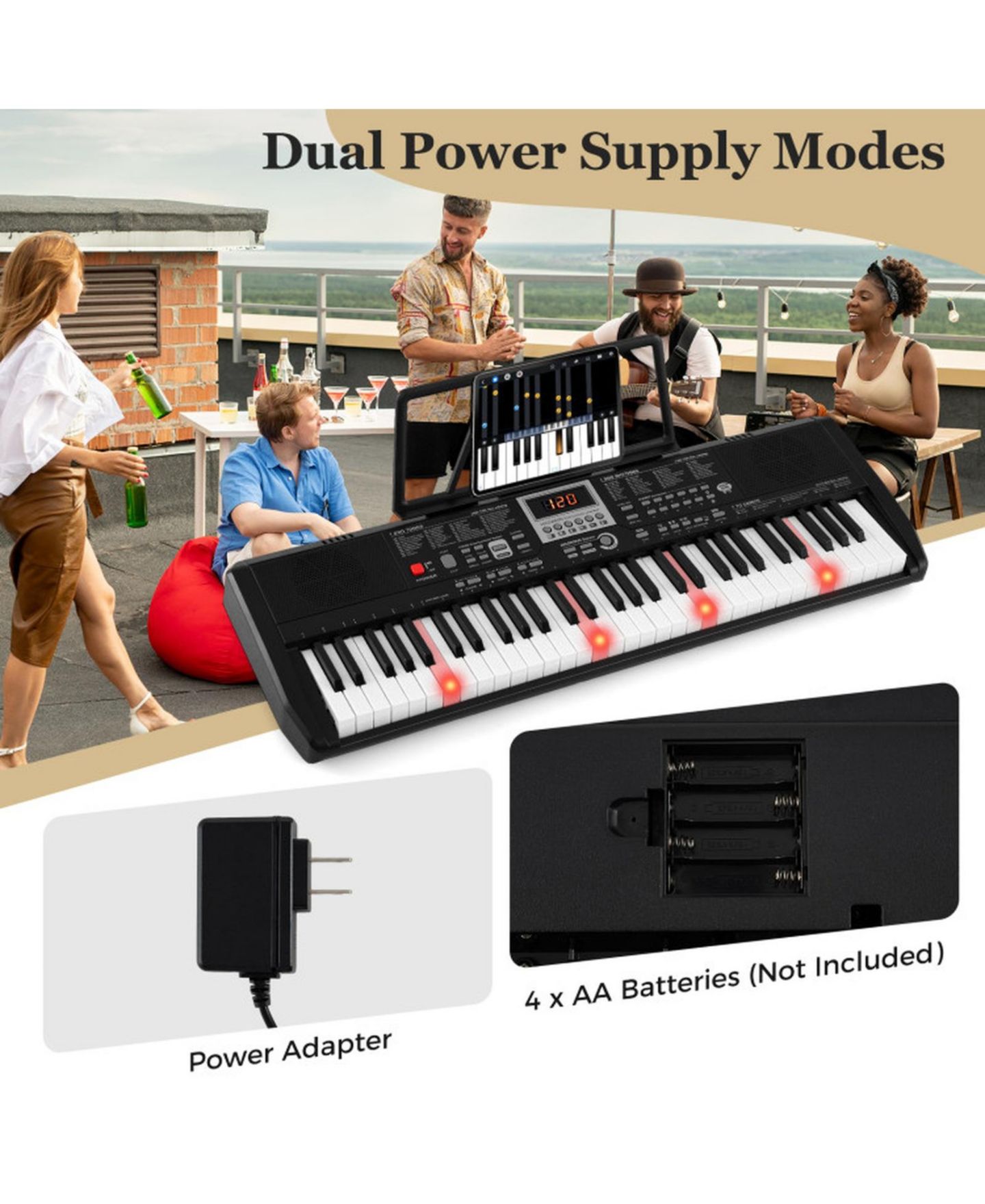 Детские игрушки HONGGE 61-Key Light-Up Teaching Electric Piano Keyboard Kit, Ages 3+, цвет: Чёрный — фото 7
