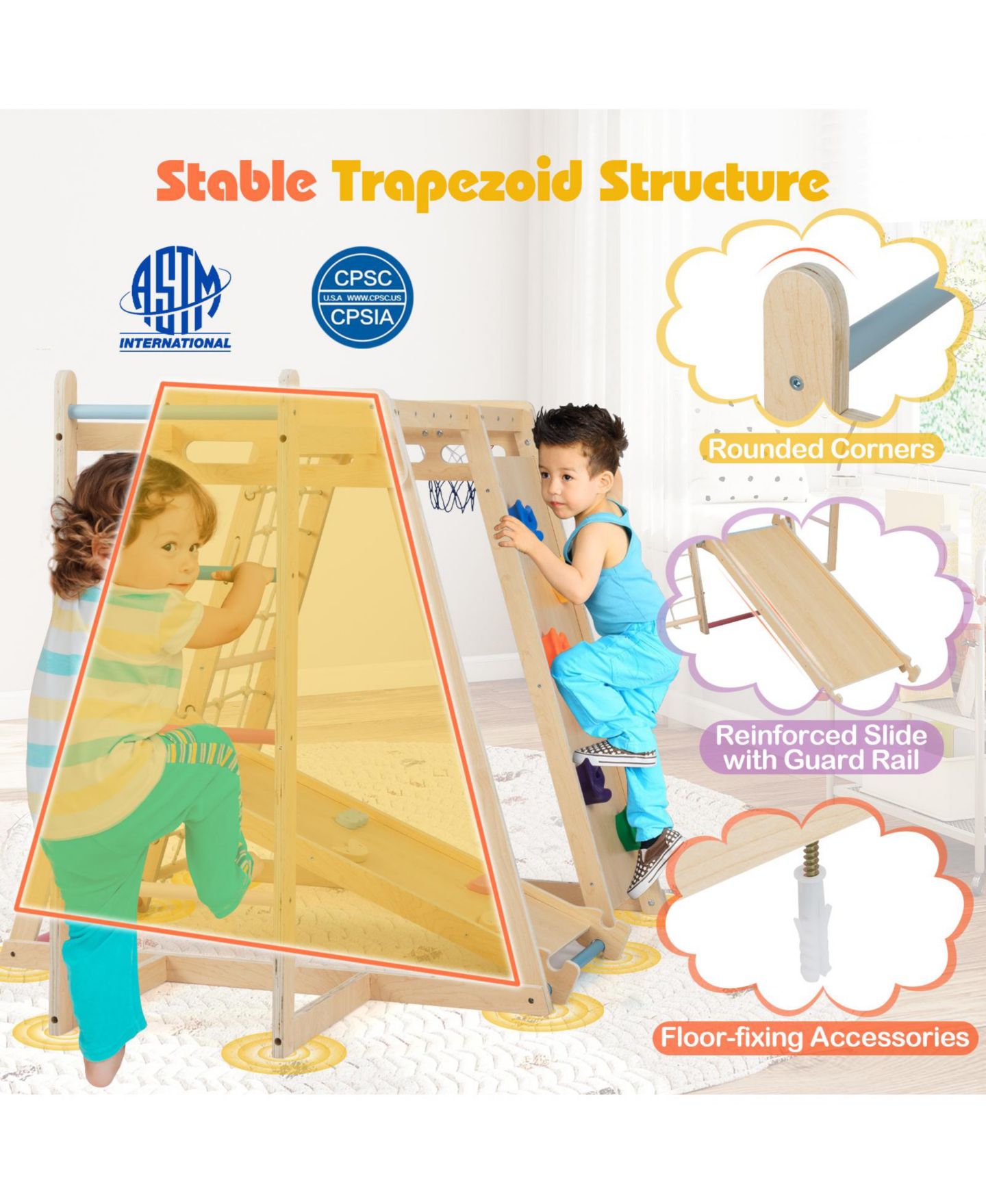 Детская игрушка SUGIFT Kids 6-in-1 Indoor Jungle Gym Playground Builds Balance & Coordination, Ages 3-14, цвет: Натуральный — фото 6