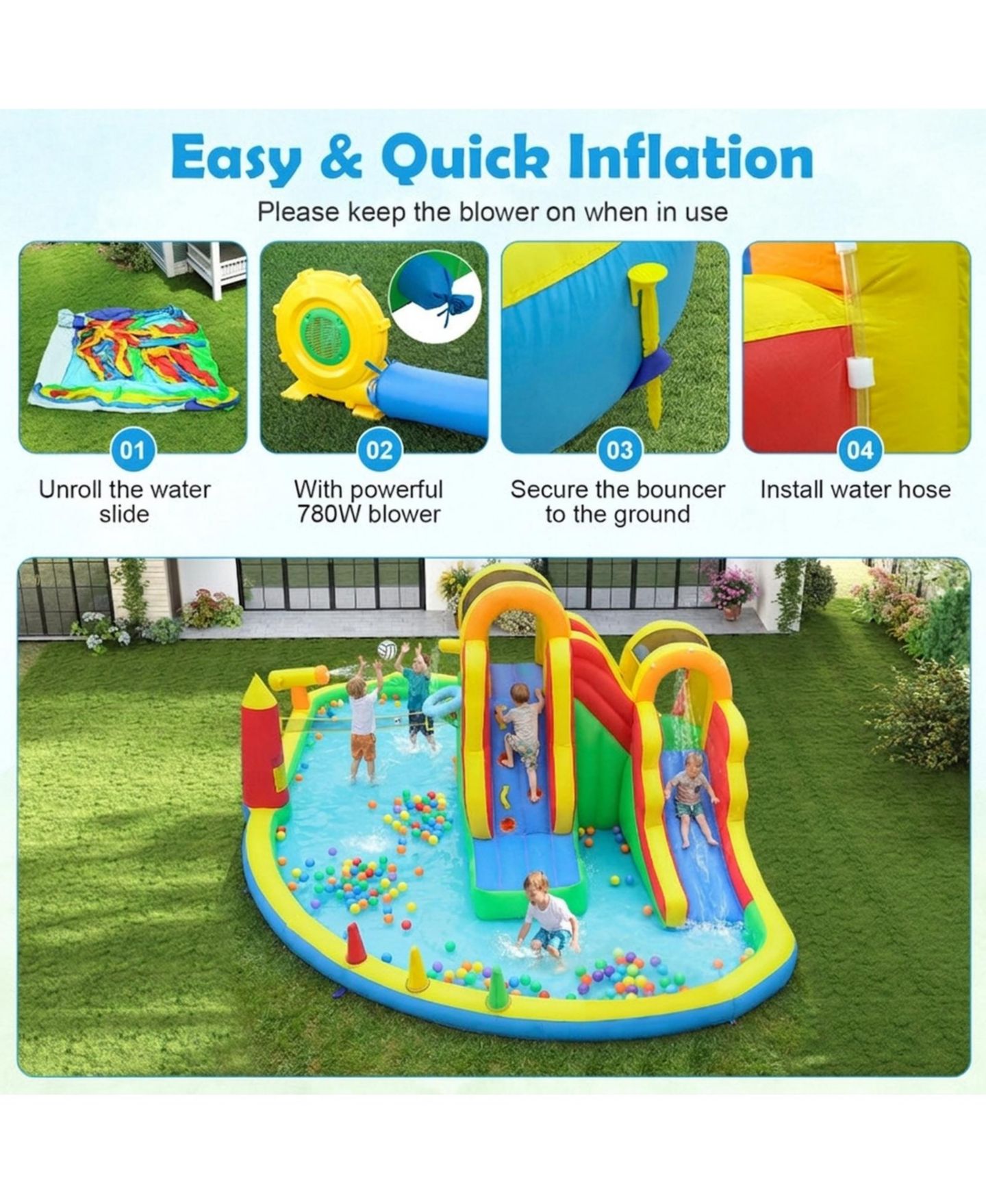 Детские игрушки HONGGE 8-in-1 Giant Inflatable Bounce House with 2 Long Slides, 420D Oxford Cloth, Up to 200 lbs, Ages 3-12, цвет: Синий — фото 5