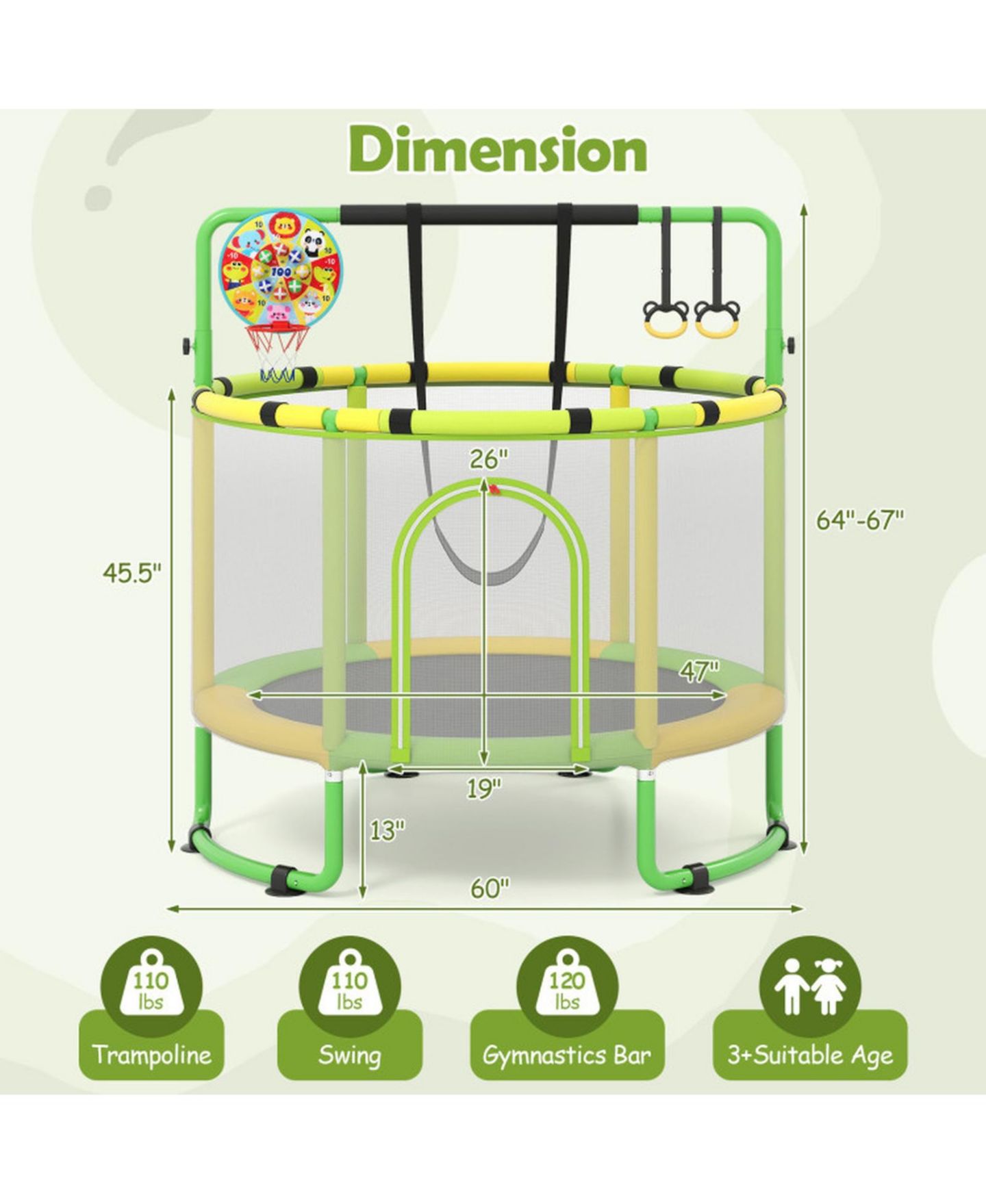 Детская игрушка HONGGE 60" 6-in-1 Trampoline with Enclosure Net, Ages 3+, цвет: Зелёный — фото 3