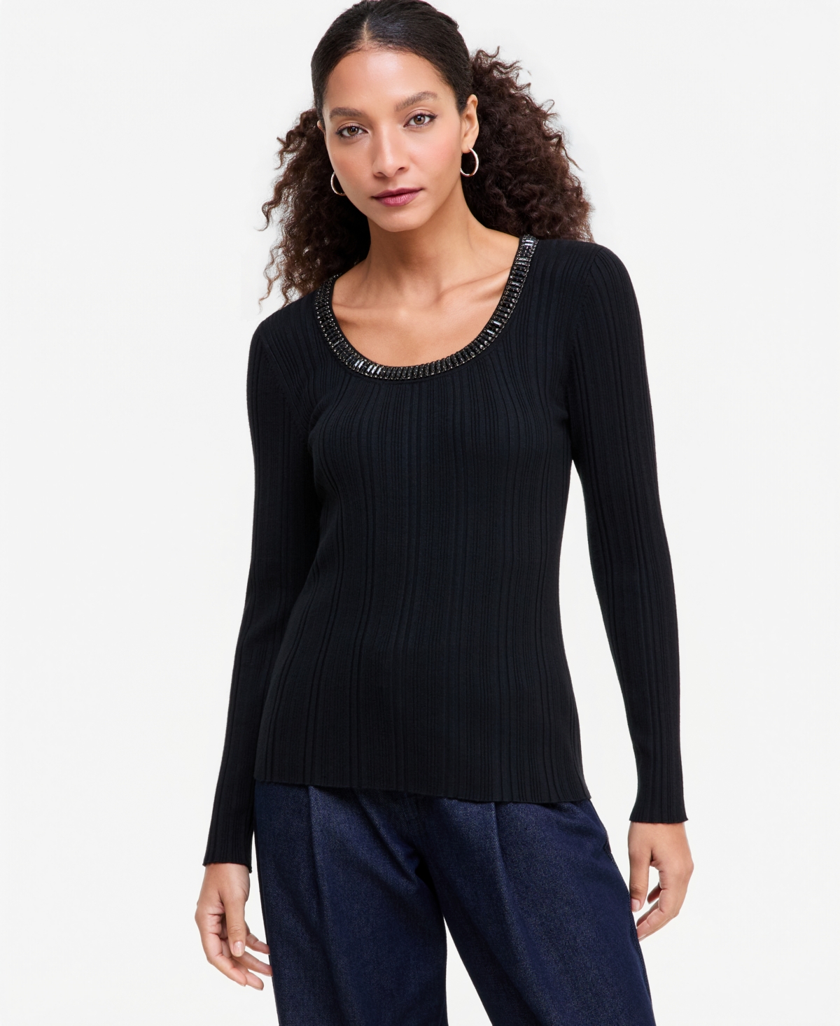 I.n.c. International Concepts Women's Embellished Scoop Neck Ribbed Sweater, Macy's Exclusive