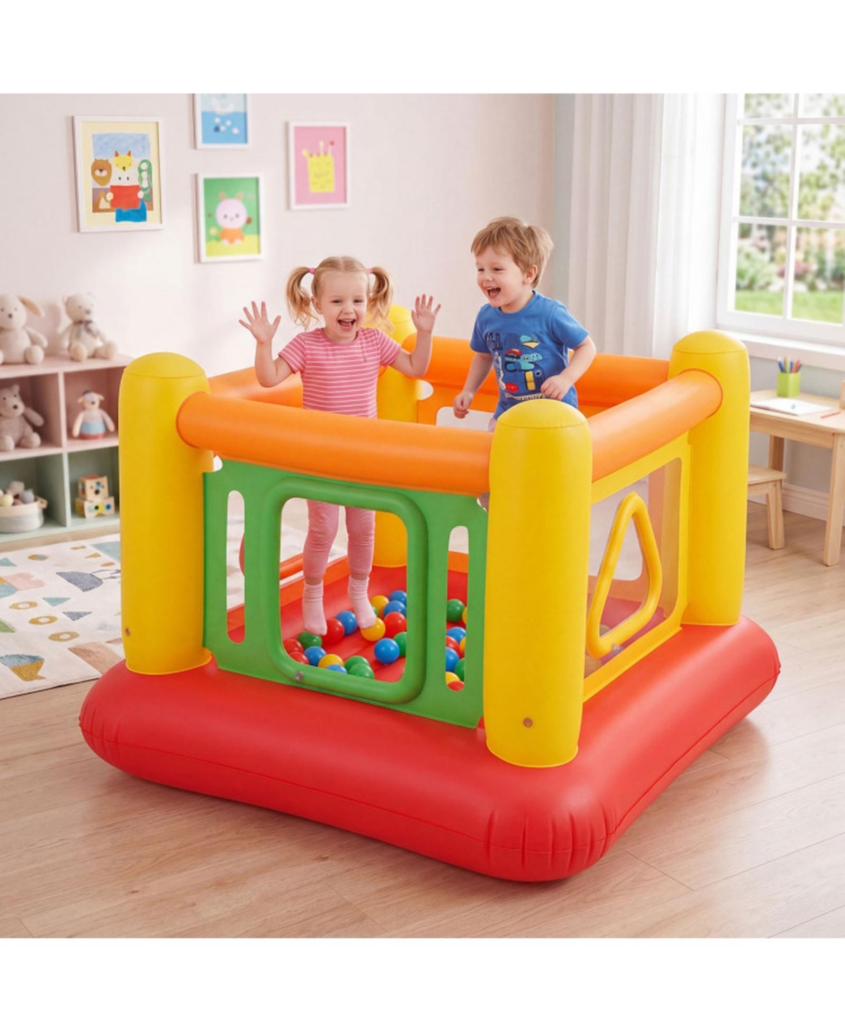 Hongge 3-in-1 Inflatable Bounce House, 63" x 63" x 49", 110 lbs Capacity, Ages 3+