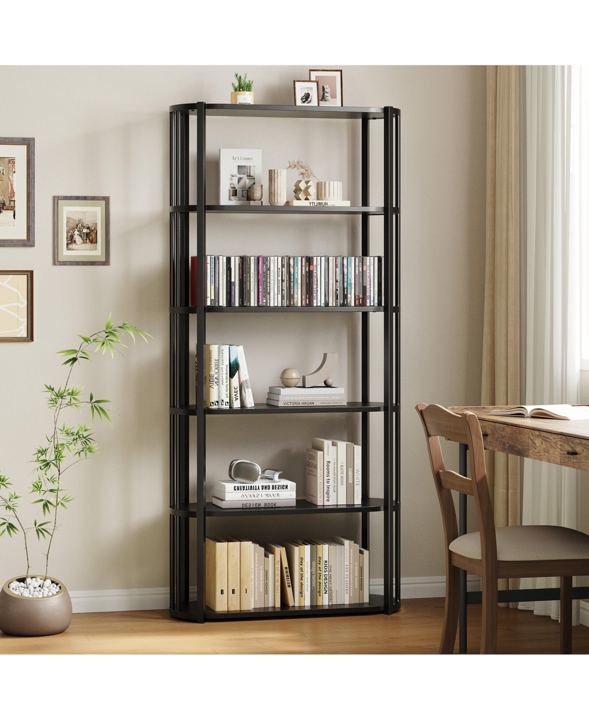 homfan Modern 71'' Tall 6-Tier Industrial Bookshelf, Sturdy Freestanding Metal Bookcase with Wooden Shelves, Open Storage Rack for Living Room,Bedroom