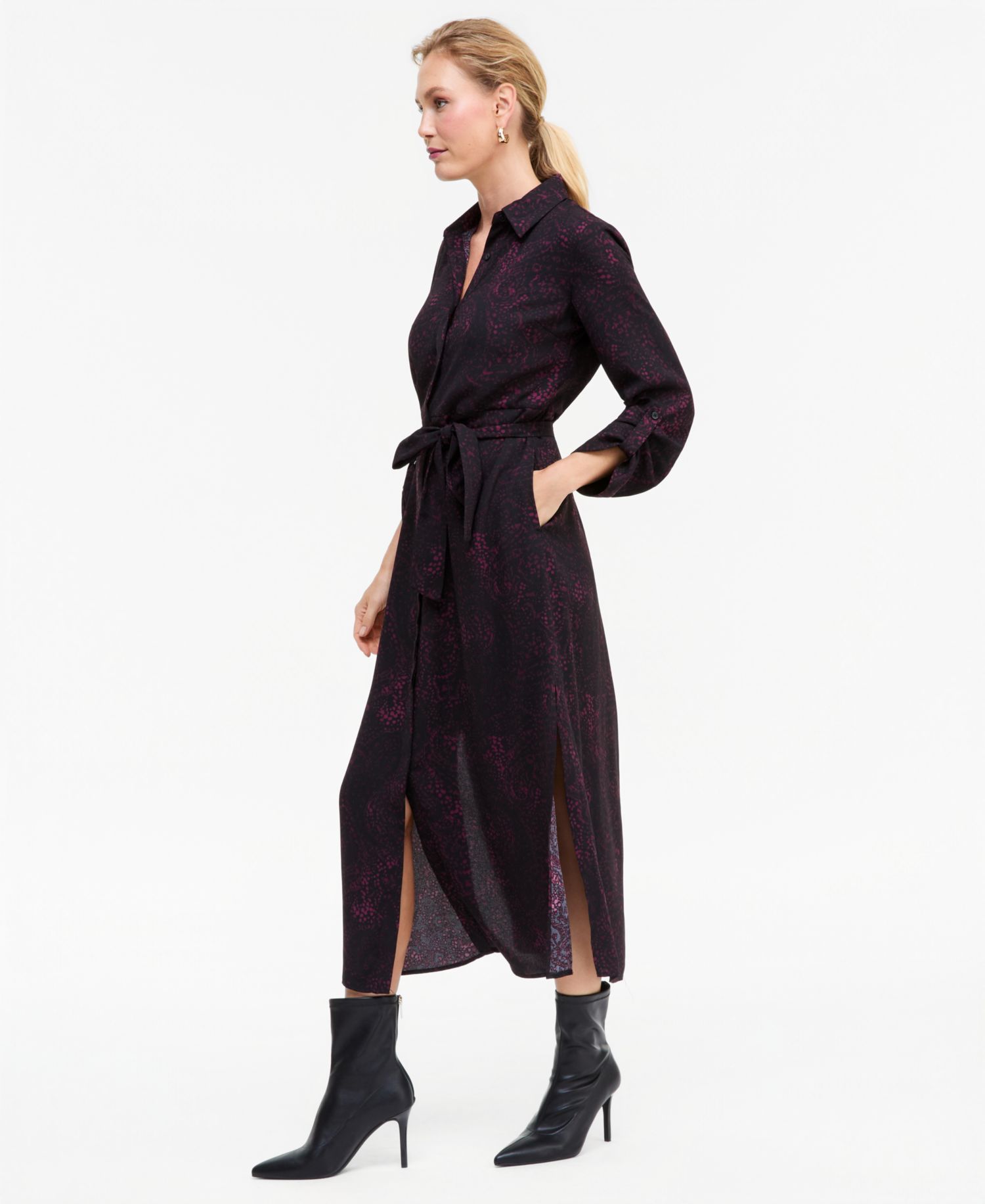 Women's Long-Sleeve Printed Belted Shirt Dress