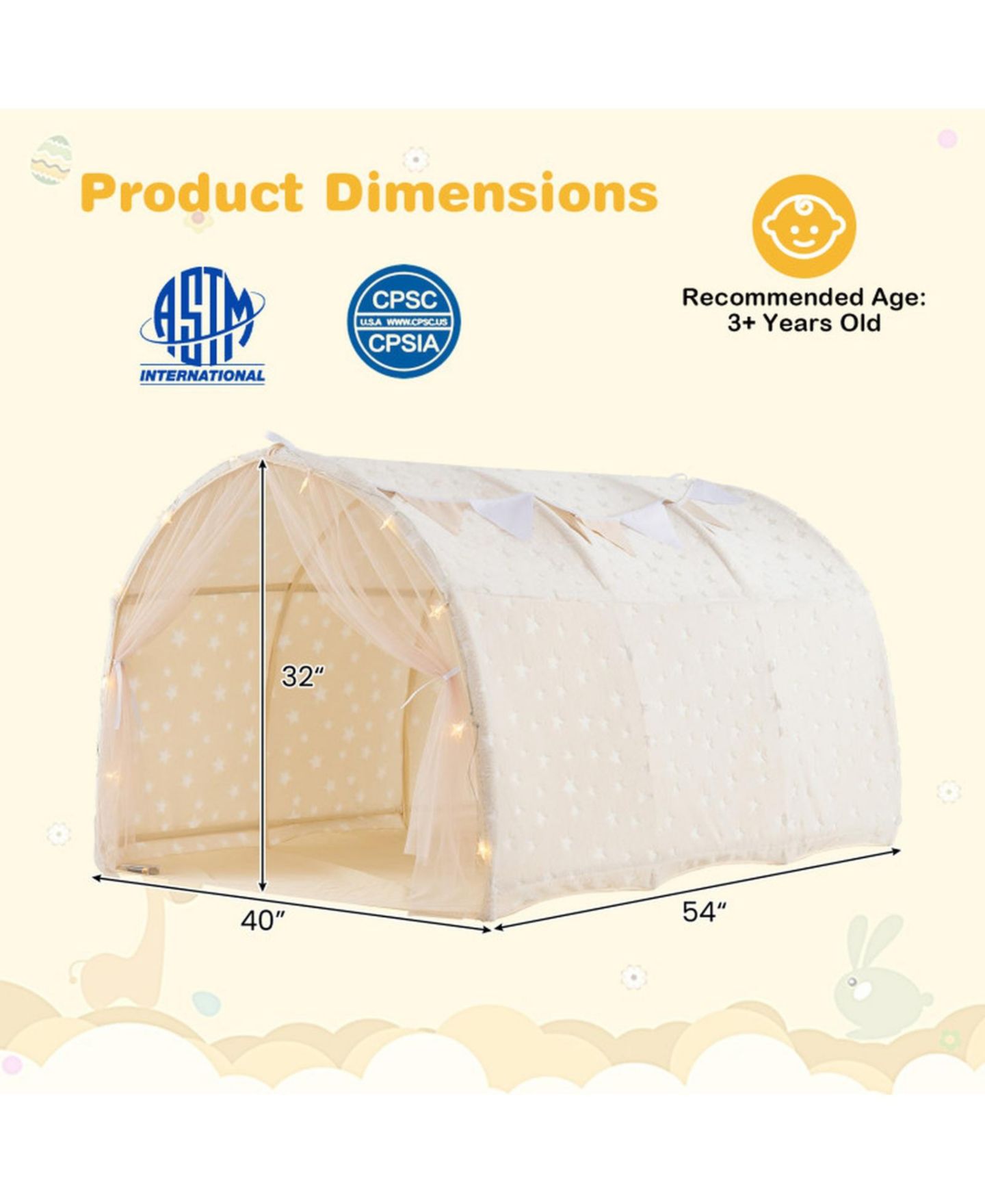 Детская игрушка HONGGE Glow-in-the-Dark Stars Twin Bed Flannel Canopy Tent, Ages 3+, цвет: Мягкий бежевый — фото 3