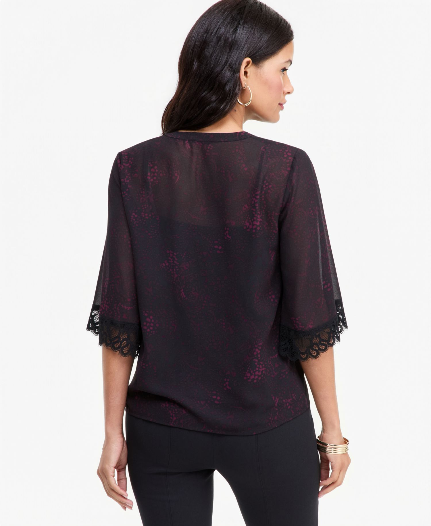 Women's Print Lace-Trim Button-Front Blouse