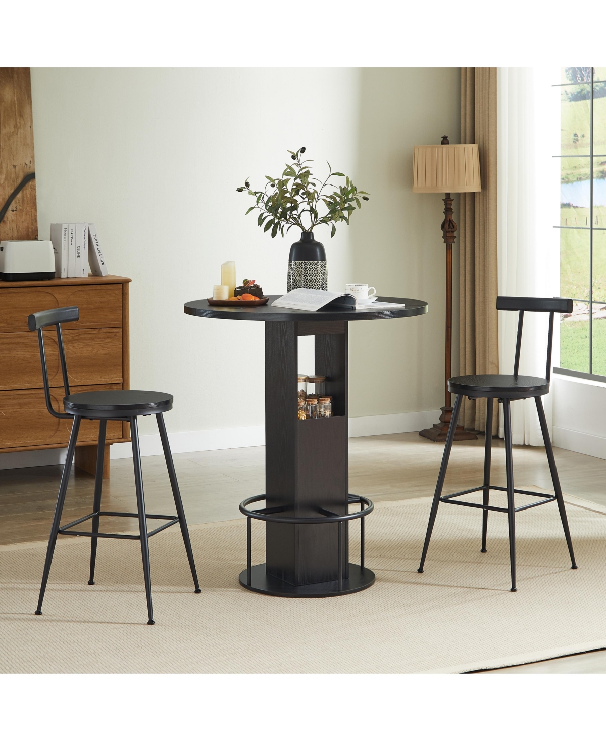 Flynama 3-Piece 31.5" Round Bar Table Set with 2 Stools, Metal Footrest for Small Spaces and Cafes