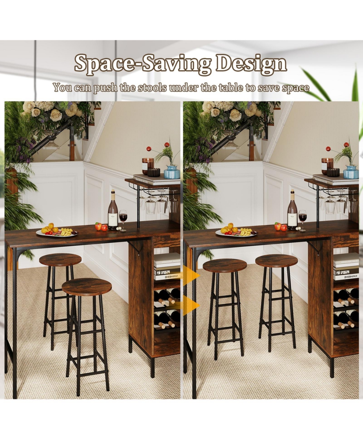 Sugift 3-Piece Bar Table and Chairs Set with 6-Bottle Wine Rack