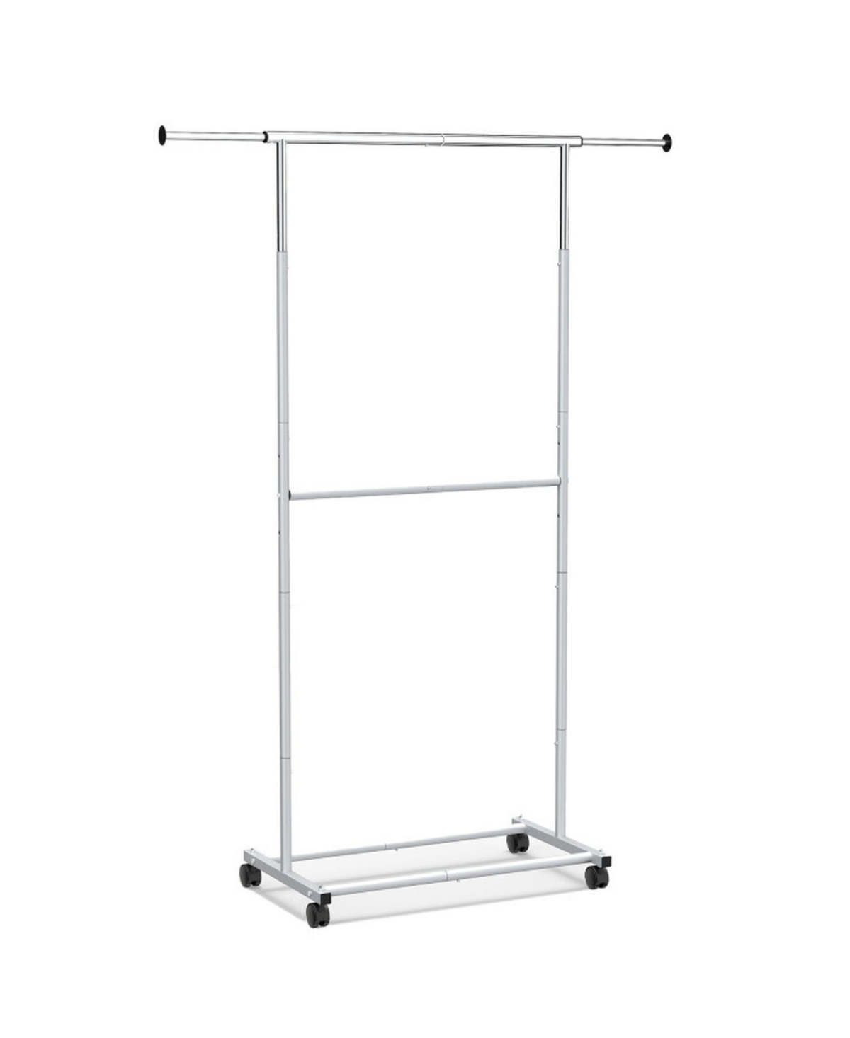 Sugift Rolling Double-Rod Clothes Rack with 9.5in Extension Rods and 3-Level Adjustable Height - Silver