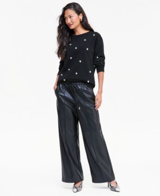 Women's Drawstring Wide-Leg High-Waist Faux Leather Pants