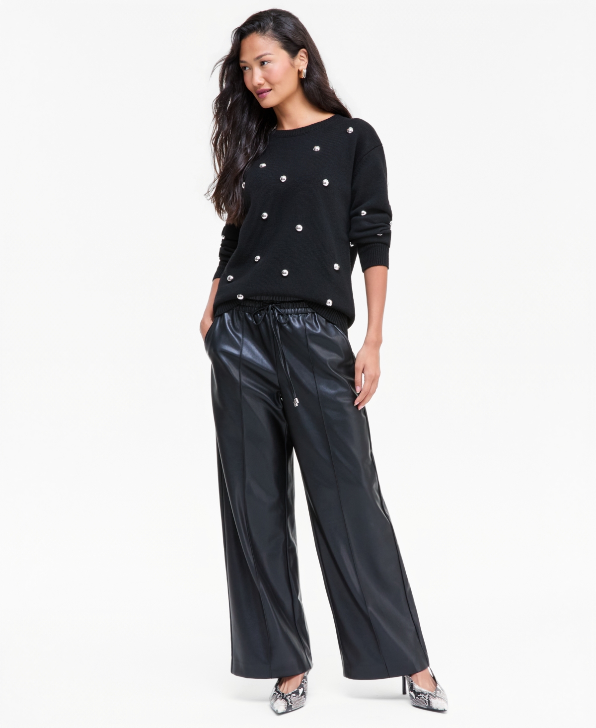 I.n.c. International Concepts Women's Drawstring Wide-Leg High-Waist Faux Leather Pants, Macy's Exclusive
