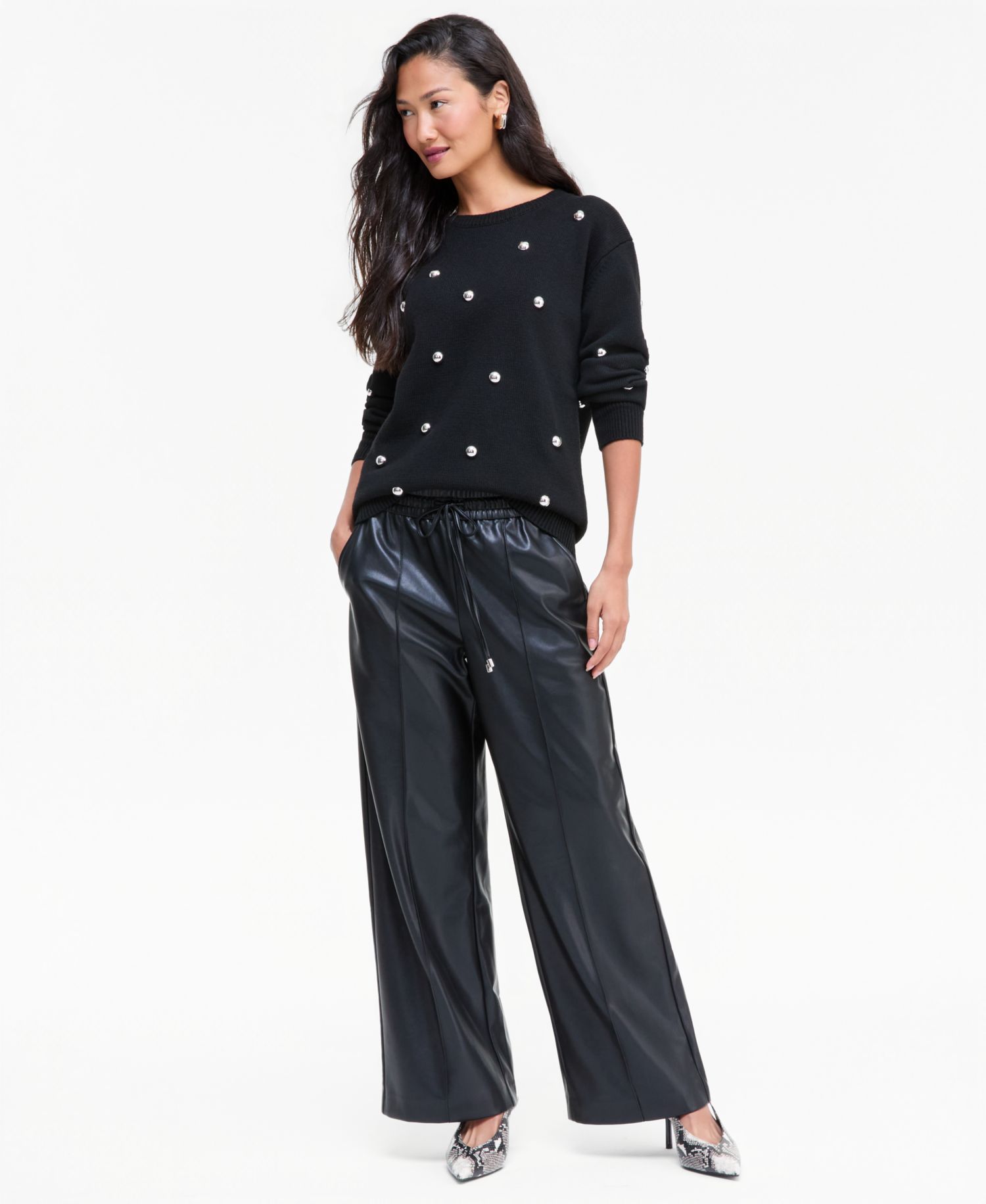 Women's Drawstring Wide-Leg High-Waist Faux Leather Pants