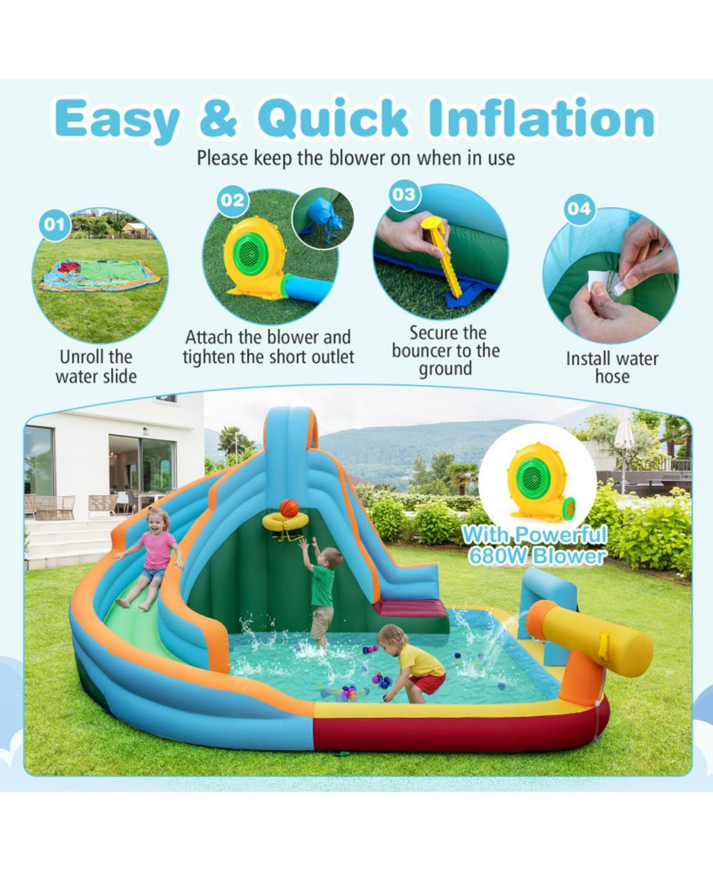 Детская игрушка SUGIFT 6-in-1 Inflatable Oxford Cloth Water Slide Park Bounce House With Long Slide Splash Pool Climbing Wall, Wet or Dry Play, Ages 3-12, цвет: Open Miscellaneous — фото 6