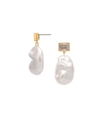 18K Gold Plated Imitation Freshwater Pearl and CZ Drop Earring