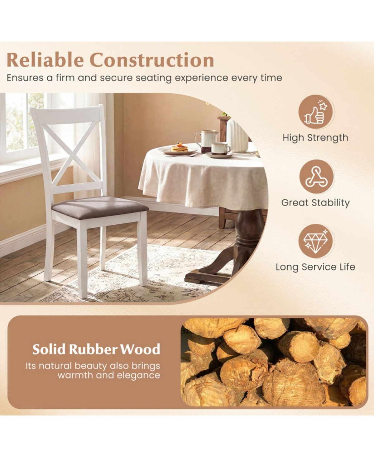 Sugift Set of 4 Rubber Wood Dining Chairs with Comfortable Backrest and Padded Seat
