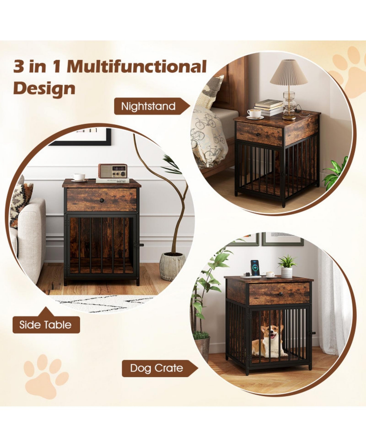 Sugift Wooden Dog Crate Furniture for Small Dogs Puppy Kennel with Charging Station and Storage