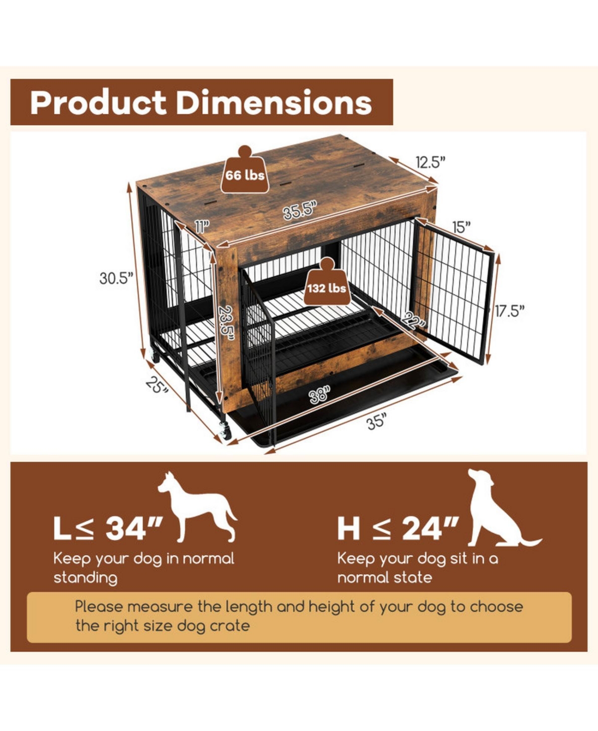 Hongge 38 in Mobile Industrial Dog Kennel with Flip-Up Tabletop