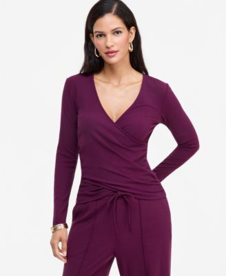 Women's Long-Sleeve V-Neck Side-Ruching Wrap Top