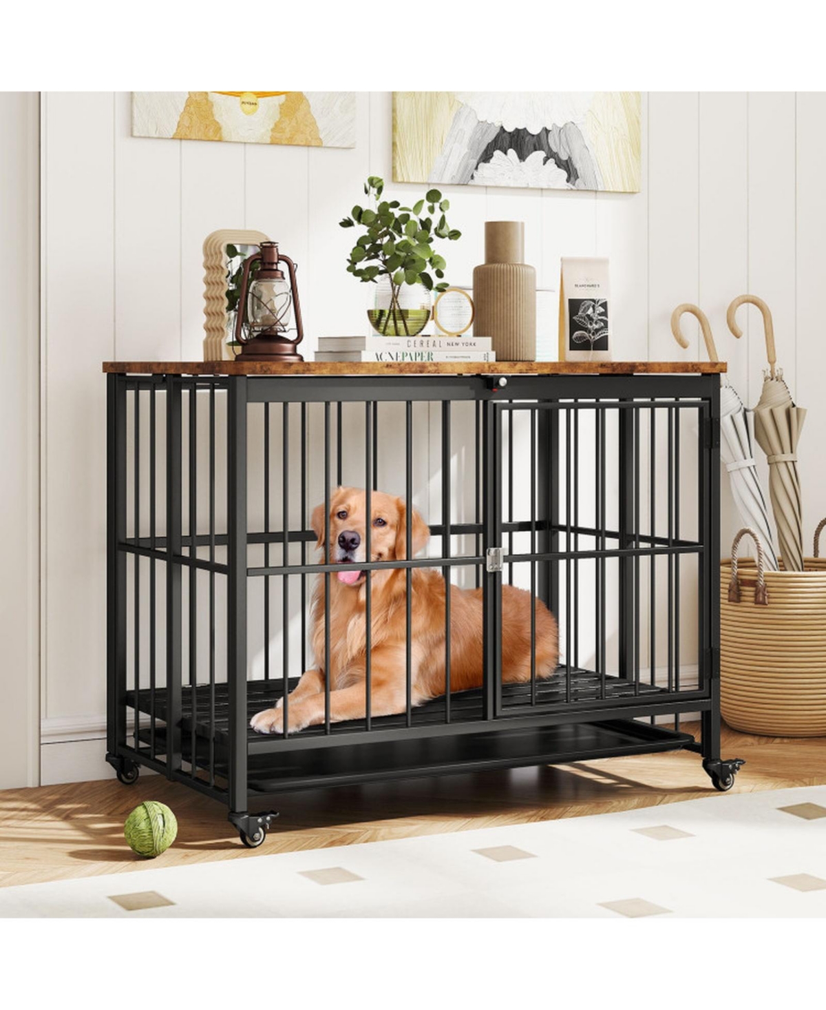Sugift Foldable Dog Crate Furniture with Removable Tray and Lockable Doors