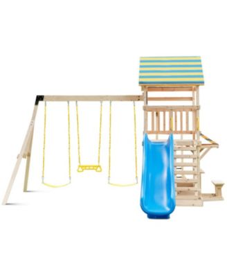 Wooden Swing Set with Upper Deck Slide and Climbing Wall, 172.5"L x 186"W x 118"H, Accommodates up to 10 Children, Ages 3+