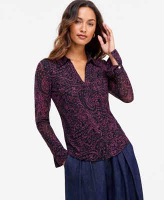 Women's Collared Printed V-Neck Long-Sleeve Mesh Top