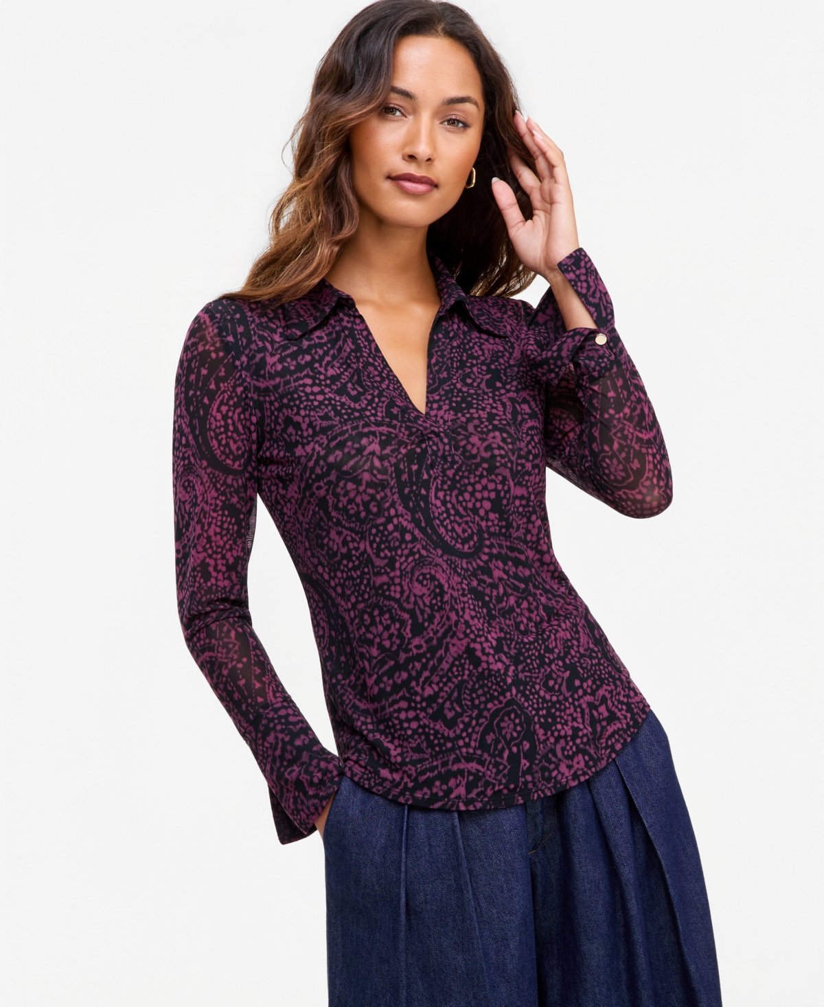 I.n.c. International Concepts Women's Collared Printed V-Neck Long-Sleeve Mesh Top, Macy's Exclusive