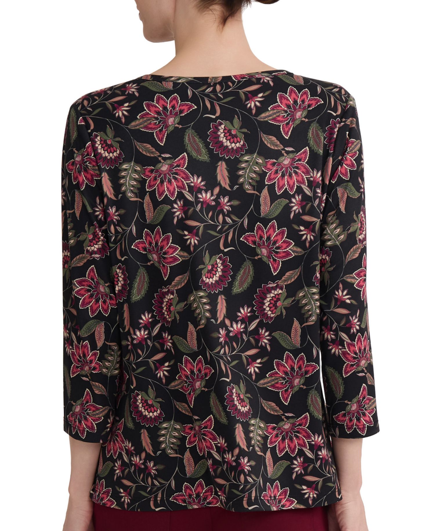 Petite Keyhole 3/4-Sleeve Floral-Print Knit Blouse