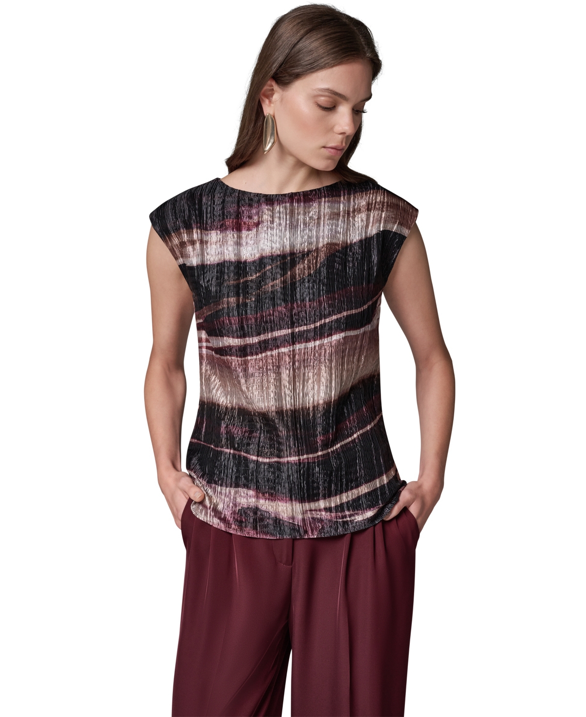 Donna Karan New York Petite Sleeveless Boat Neck Print Blouse