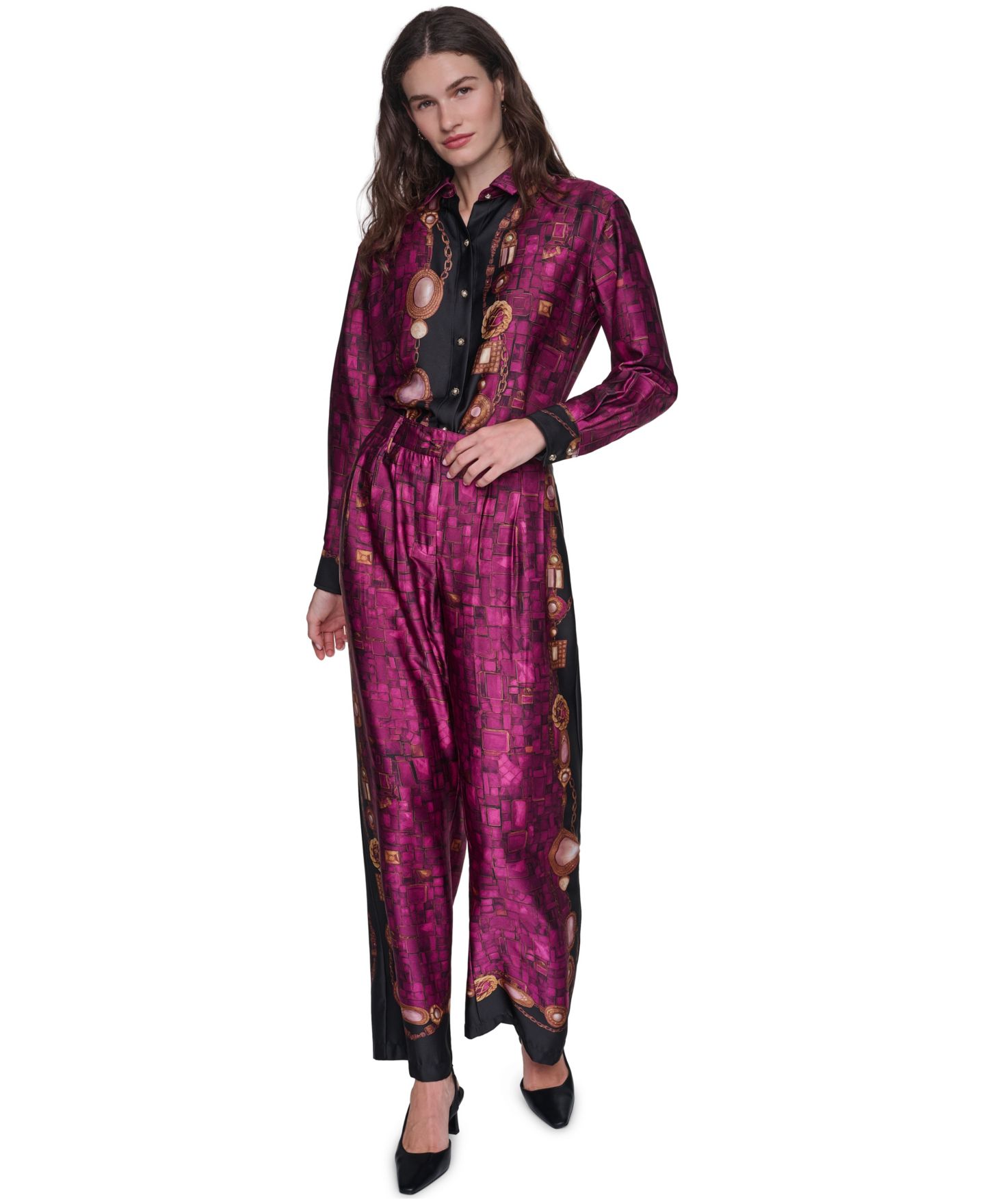 Женская блузка KARL LAGERFELD PARIS Petite Gold Floral Printed Long-Sleeve Satin Blouse, цвет: Вишнёвый комбинированный — фото 2