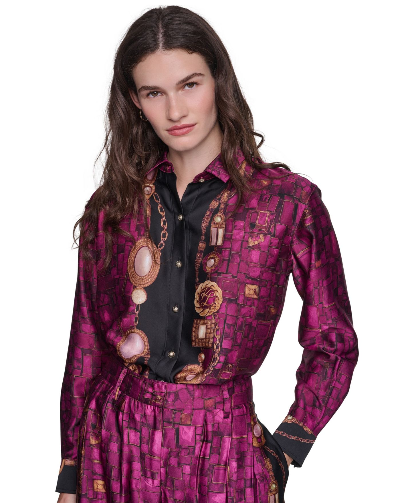 Женская блузка KARL LAGERFELD PARIS Petite Gold Floral Printed Long-Sleeve Satin Blouse, цвет: Вишнёвый комбинированный — фото 7